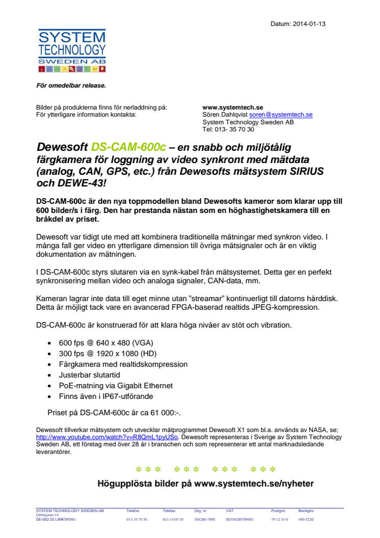DS-CAM-600c – Färgkamera för loggning av video synkront med mätdata 