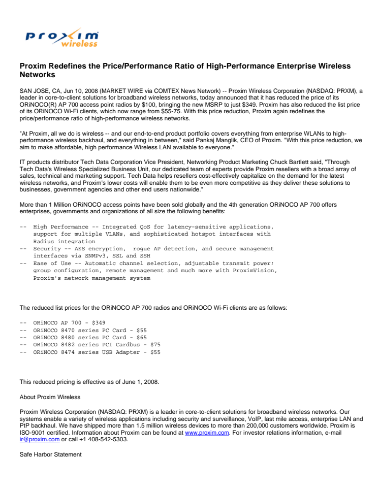 Proxim Redefines the Price/Performance Ratio of High-Performance Enterprise Wireless Networks
