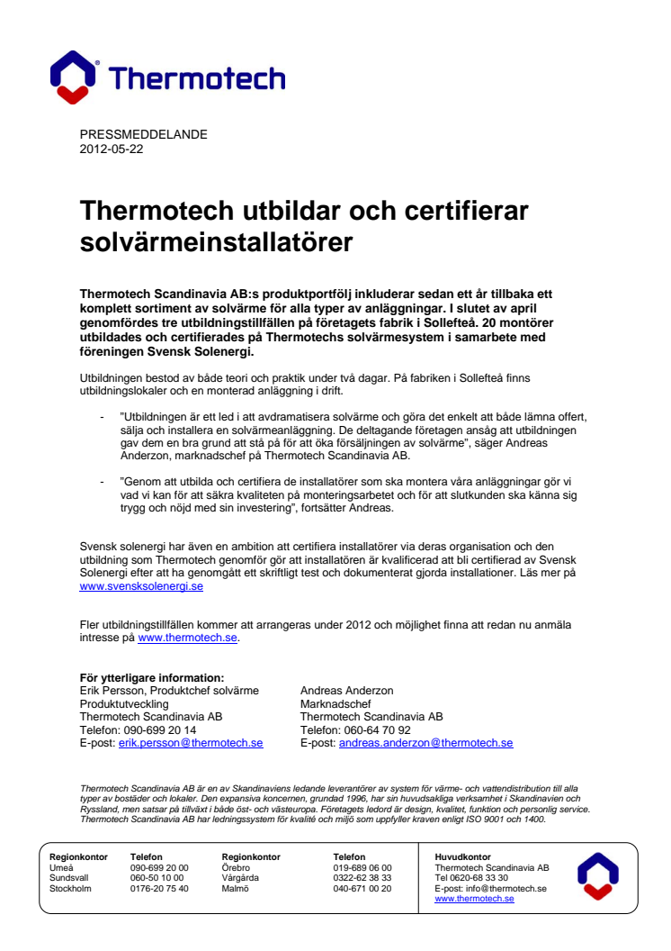 Thermotech utbildar och certifierar solvärmeinstallatörer 