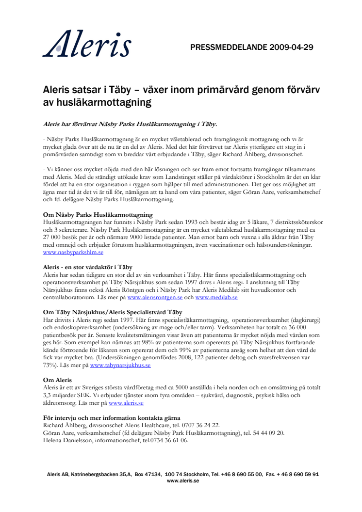 Aleris satsar i Täby – växer inom primärvård genom förvärv av husläkarmottagning