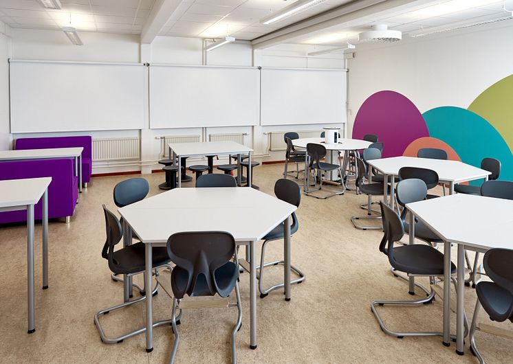 Det moderna klassrummet har flexibla möbler som kan  anpassas efter lärsituation och behov.