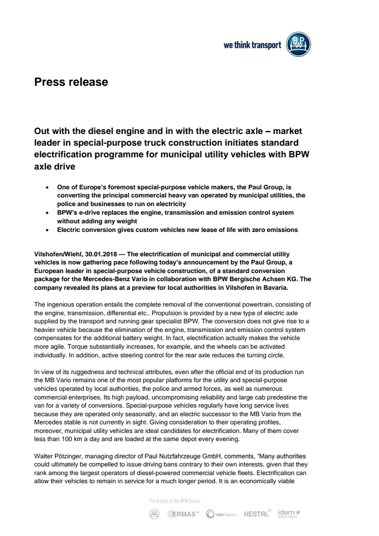 Out with the diesel engine and in with the electric axle – market leader in special-purpose truck construction initiates standard electrification programme for municipal utility vehicles with BPW axle drive