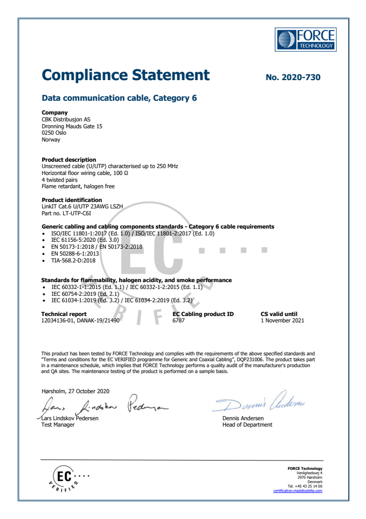 OEM Sertifikat Cat.6 (Force Technology)