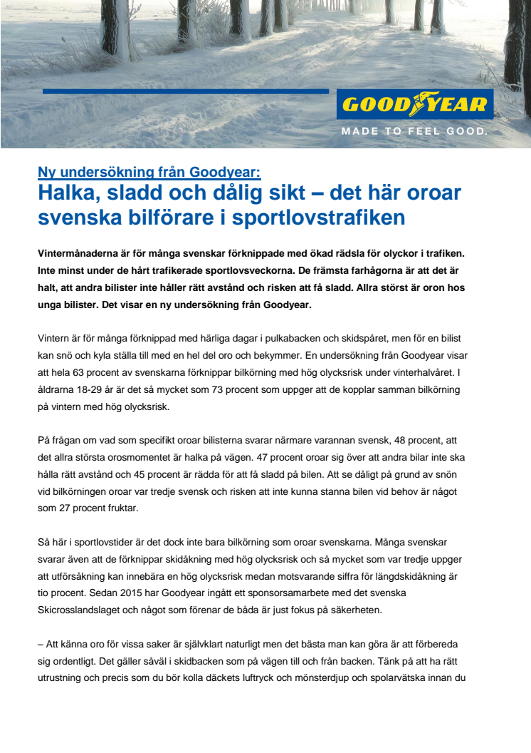 Ny undersökning från Goodyear: Halka, sladd och dålig sikt – det här oroar svenska bilförare i sportlovstrafiken 