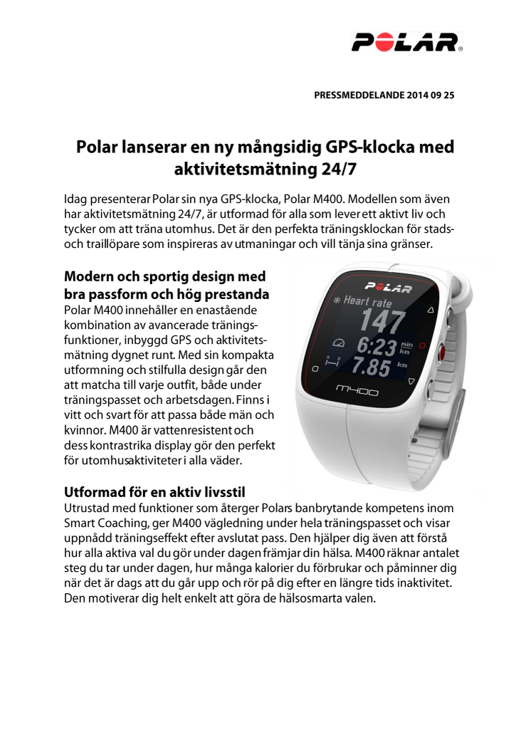 Polar lanserar en ny mångsidig GPS-klocka med aktivitetsmätning 24/7