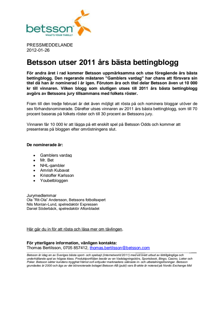 Betsson utser 2011 års bästa bettingblogg