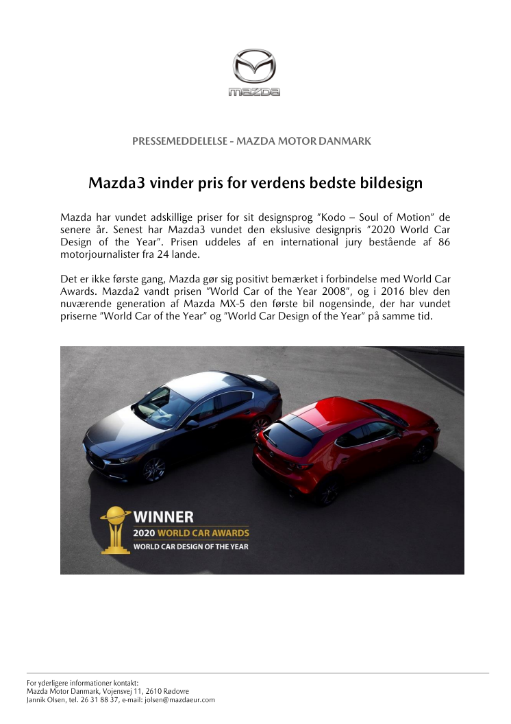 Mazda3 vinder pris for verdens bedste bildesign