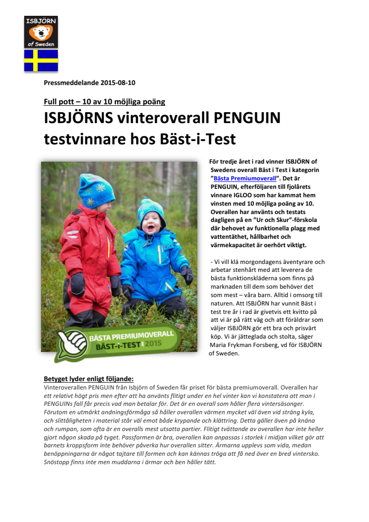 ISBJÖRNS vinteroverall PENGUIN testvinnare hos Bäst-i-Test - 10 poäng av 10 möjliga