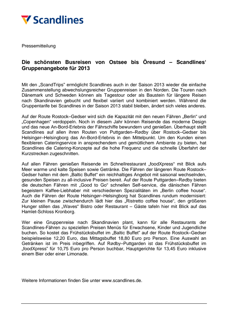 Die schönsten Busreisen von Ostsee bis Öresund – Scandlines‘ Gruppenangebote für 2013