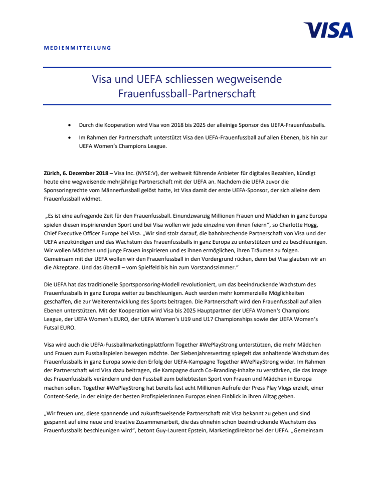 Visa und UEFA schliessen wegweisende  Frauenfussball-Partnerschaft 