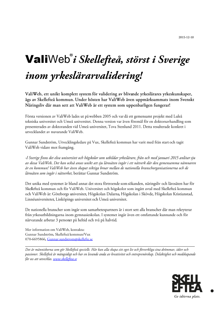 ValiWeb i Skellefteå, störst i Sverige inom yrkeslärarvalidering!
