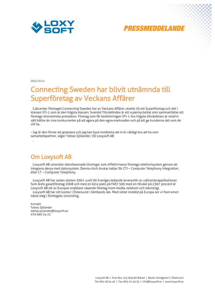 Connecting Sweden har blivit utnämnda till Superföretag av Veckans Affärer