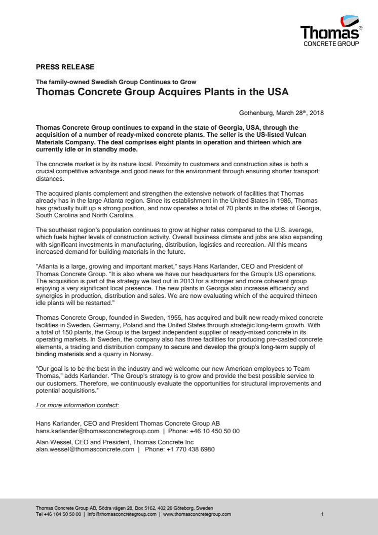 Thomas Concrete Group Acquires Plants in the USA