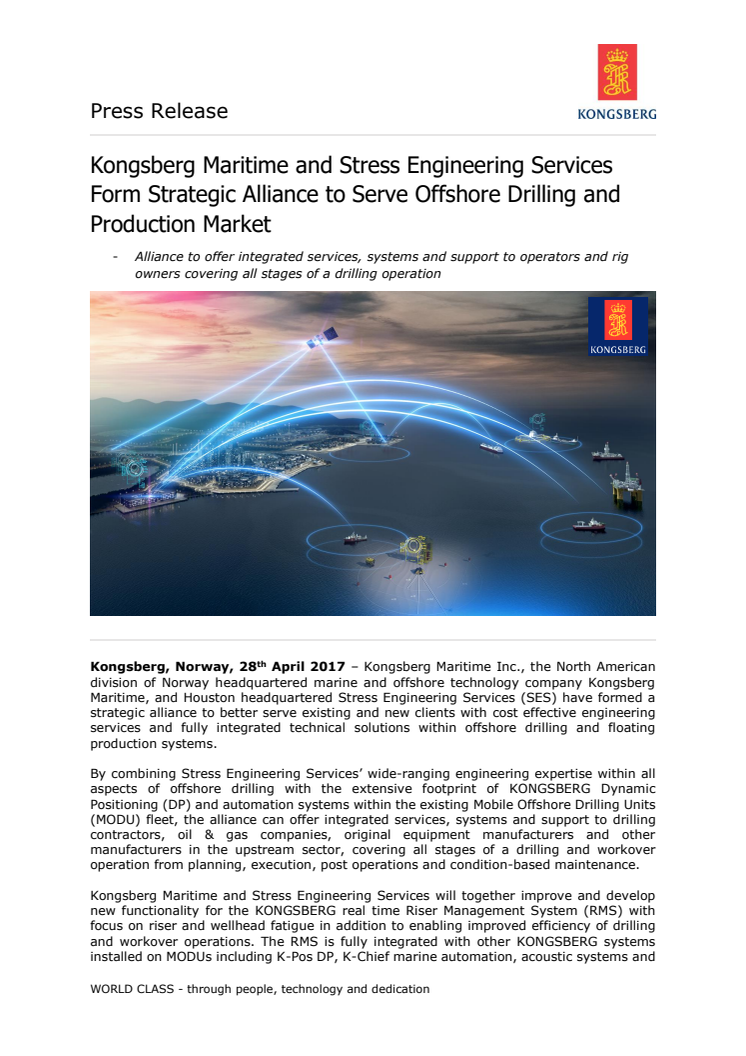 Kongsberg Maritime: Kongsberg Maritime and Stress Engineering Services Form Strategic Alliance to Serve Offshore Drilling and Production Market