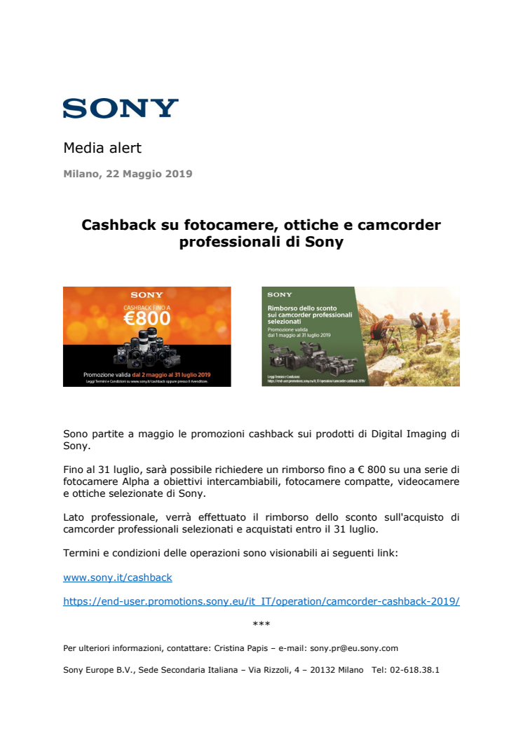 Cashback su fotocamere, ottiche e camcorder professionali di Sony