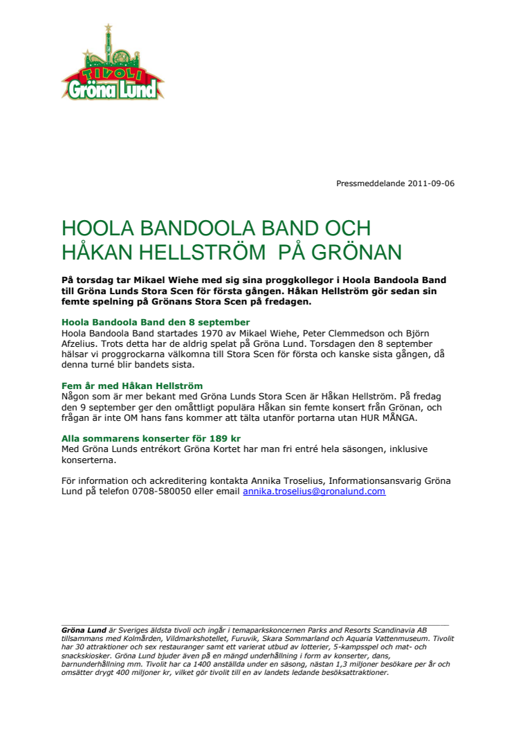 Hoola Bandoola Band och Håkan Hellström på Gröna Lund