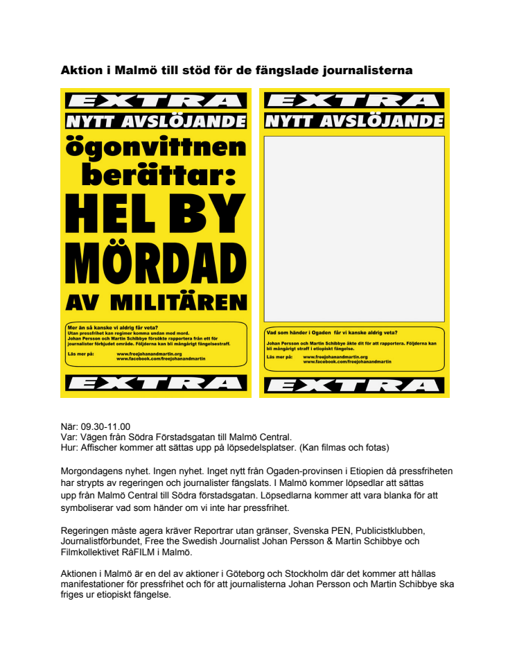 Aktion i Malmö till stöd för de fängslade journalisterna Johan och Martin