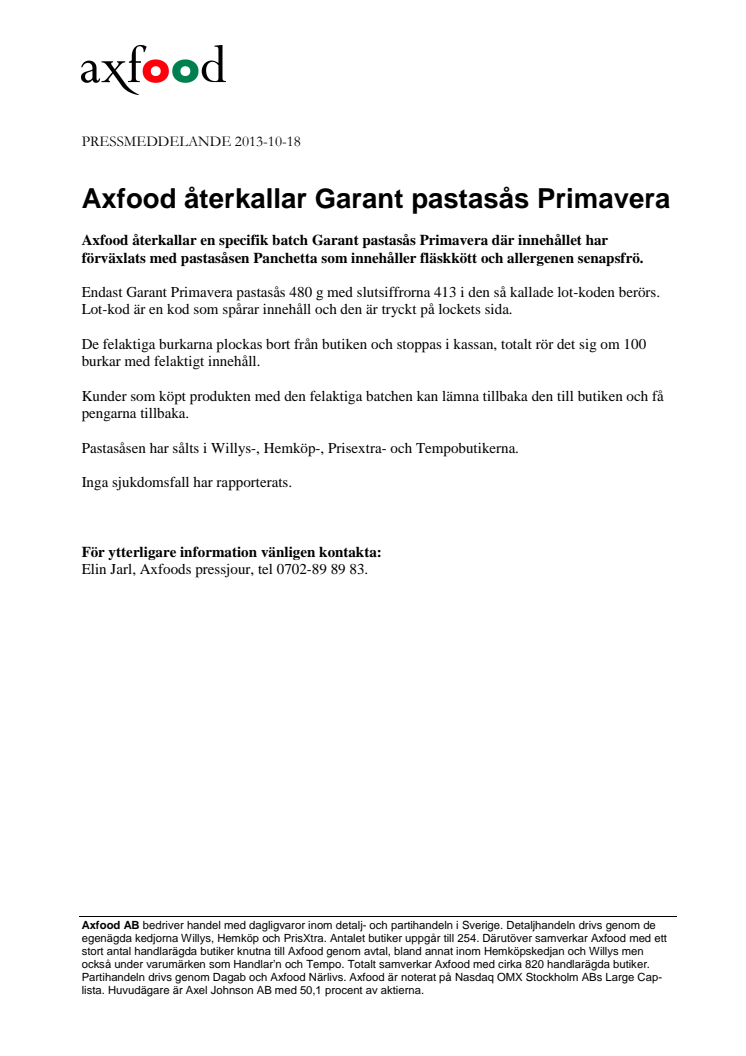 Axfood återkallar Garant pastasås Primavera