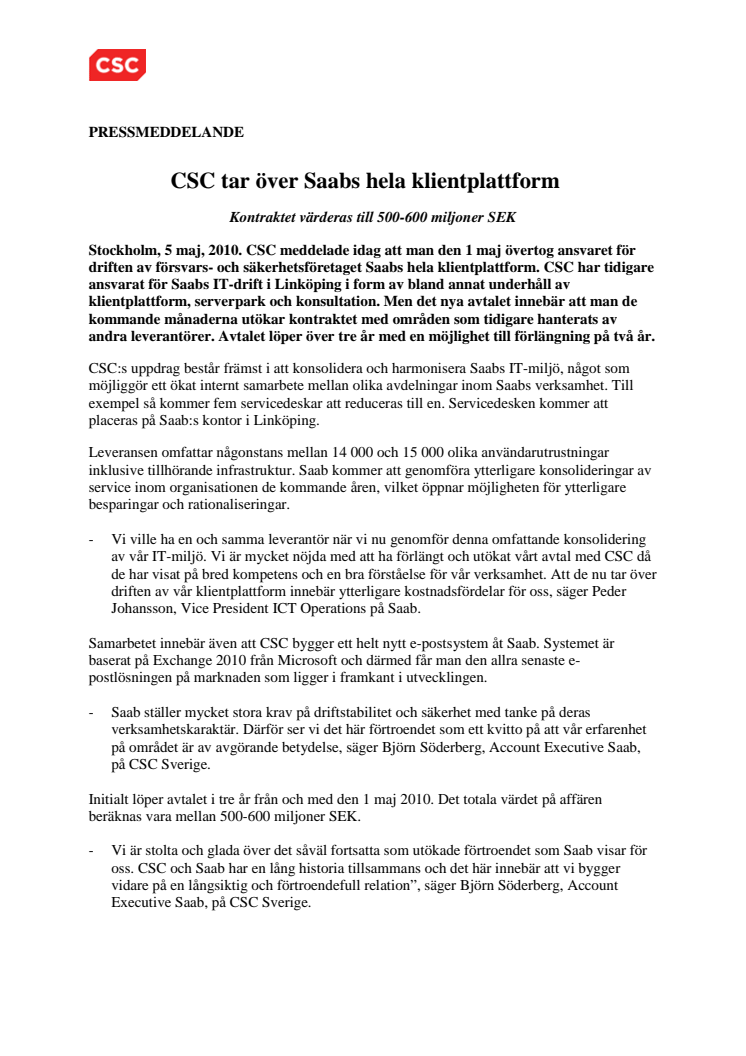 CSC tar över Saabs hela klientplattform