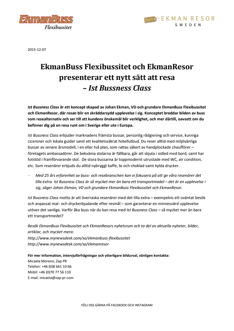 EkmanBuss Flexibussitet och EkmanResor presenterar ett nytt sätt att resa  – 1st Bussness Class 