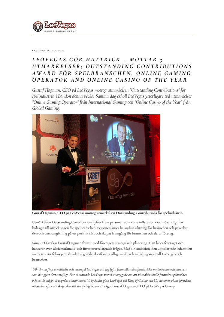 LeoVegas gör hattrick – mottar 3 utmärkelser; Outstanding Contributions Award för spelbranschen, Online Gaming Operator och Online Casino of the Year
