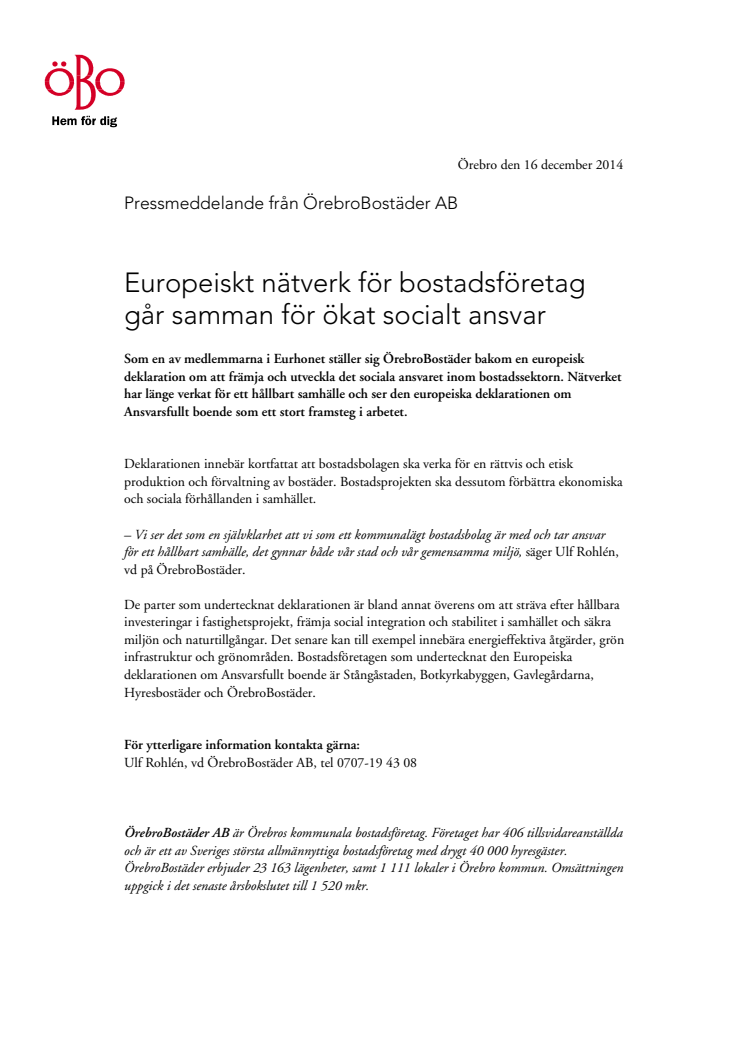 Europeiskt nätverk för bostadsföretag går samman för ökat socialt ansvar