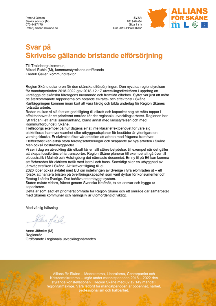 Svar på Skrivelse från Trelleborg