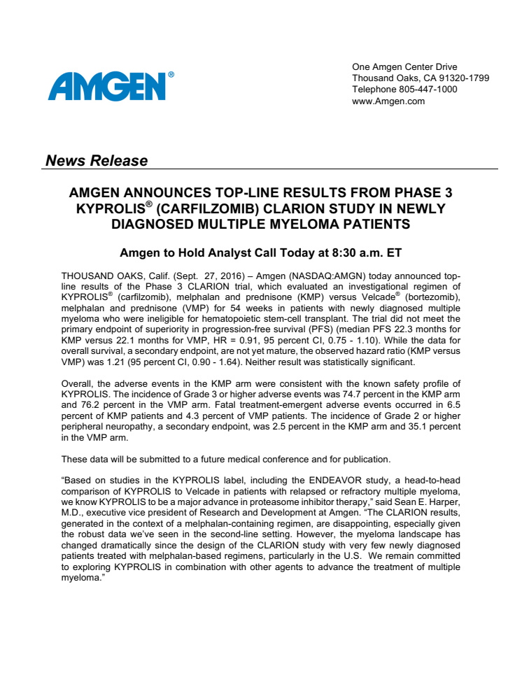 Amgen announces top-line results from Phase 3 Kyprolis (Carfilzomib) CLARION STUDY in newly diagnosed multiple myeloma patients