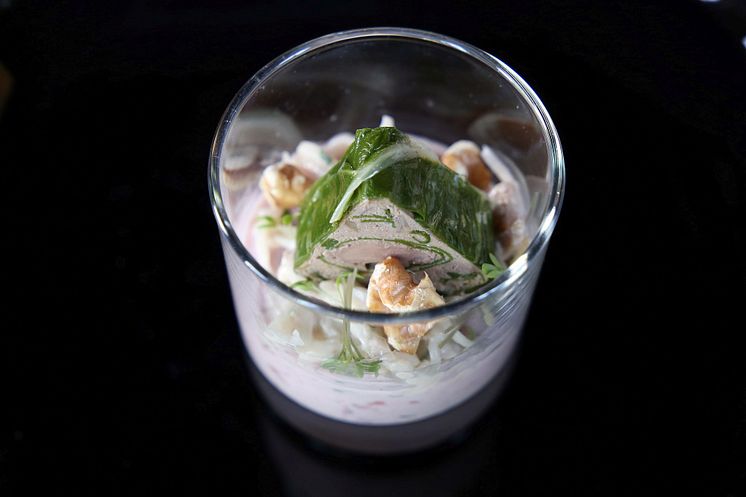 Vorspeise des 4-gängigen Dinners -  Wildterrine auf Preiselbeercreme und Waldorfsalat