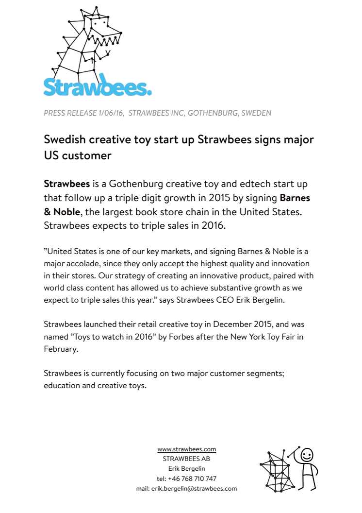 Swedish creative toy start up Strawbees continues US growth by signing Barnes & Noble