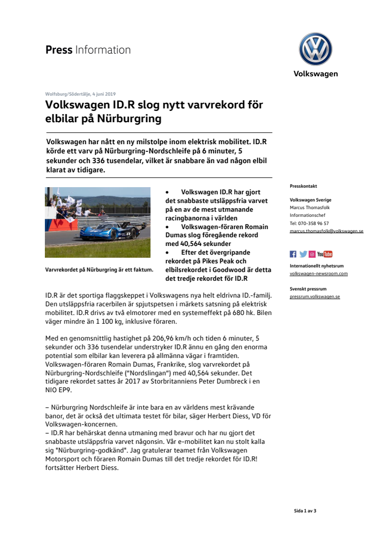 Volkswagen ID.R slog nytt varvrekord för elbilar på Nürburgring