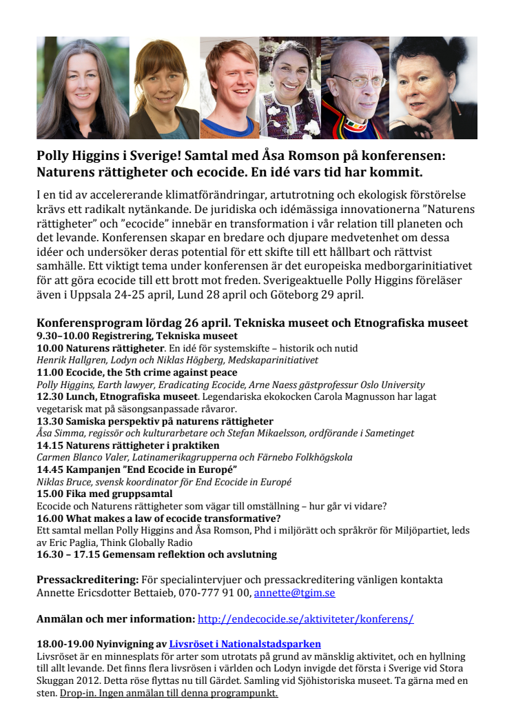 Polly Higgins i Sverige! Samtal med Åsa Romson på konferensen: Naturens rättigheter och ecocide. En idé vars tid har kommit.