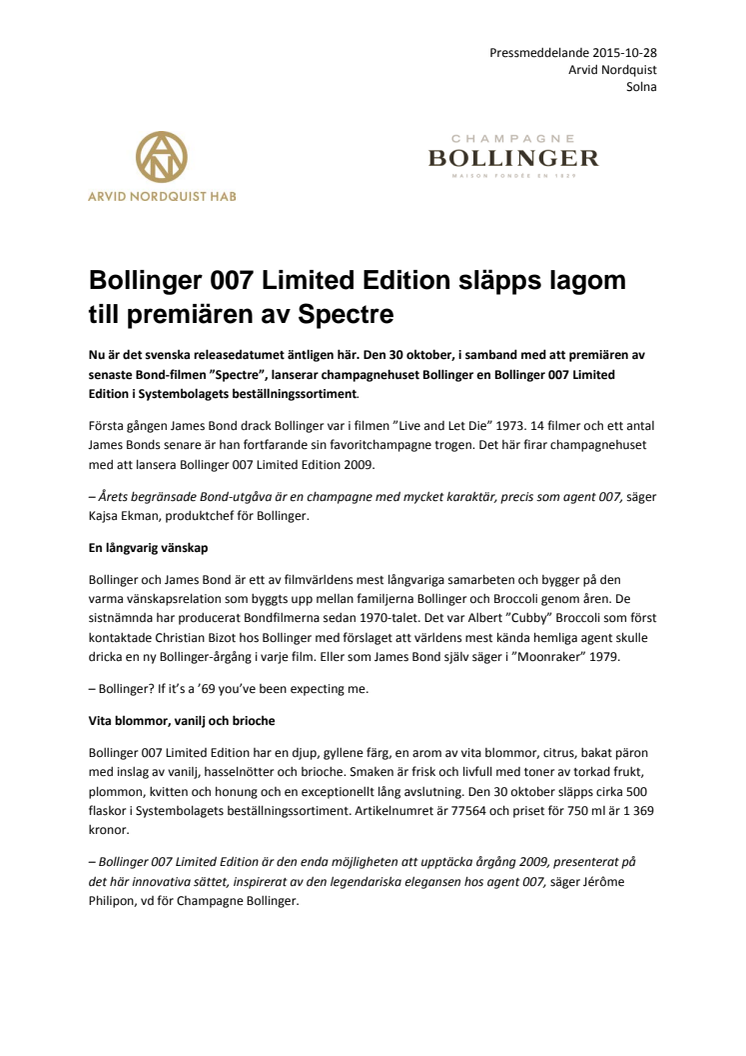 Bollinger 007 Limited Edition släpps lagom till premiären av Spectre