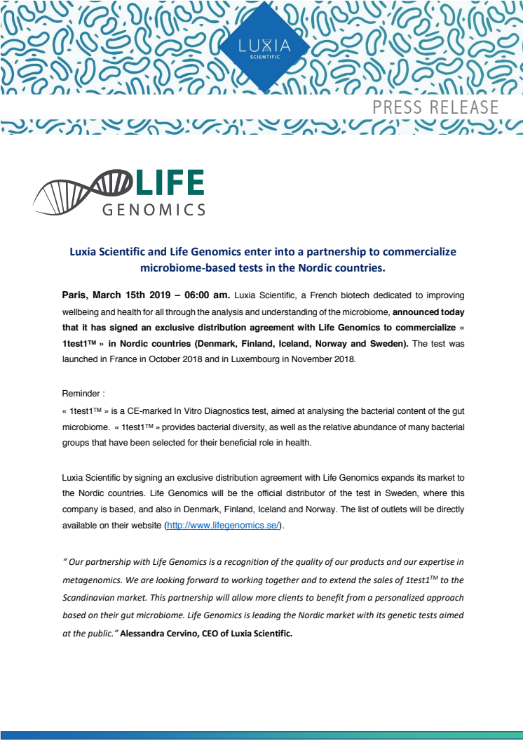 Luxia Scientific and Life Genomics enter into a partnership to commercialize microbiome-based tests in the Nordic countries.