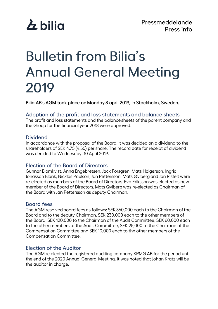Bulletin from Bilia's Annual General Meeting 2019