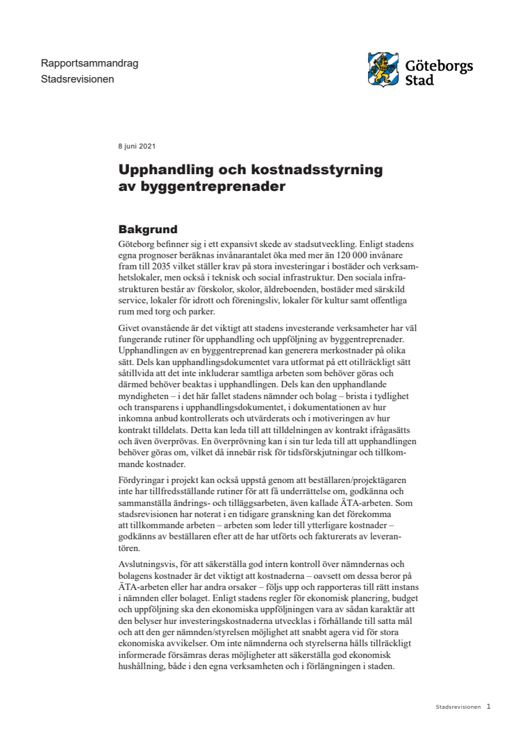 Rapportsammandrag – Upphandling och kostnadsstyrning av byggentreprenader