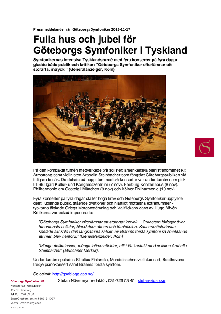 Fulla hus och jubel för Göteborgs Symfoniker i Tyskland