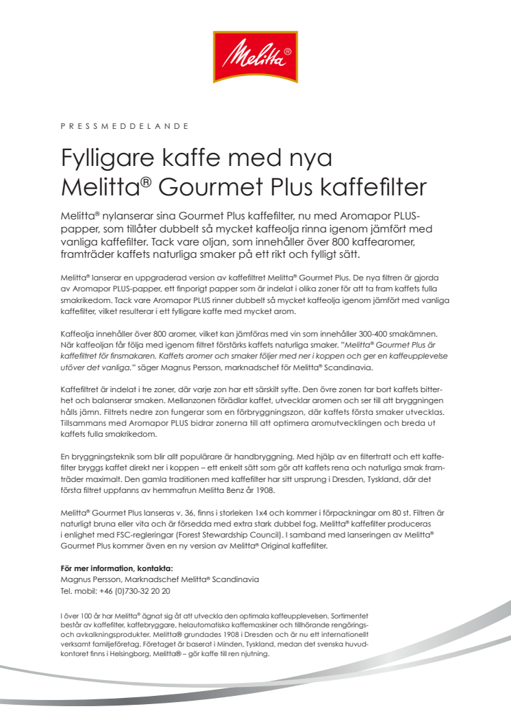 Fylligare kaffe med nya Melitta® Gourmet Plus kaffefilter