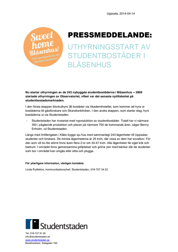 Uthyrningsstart av studentbostäder i Blåsenhus