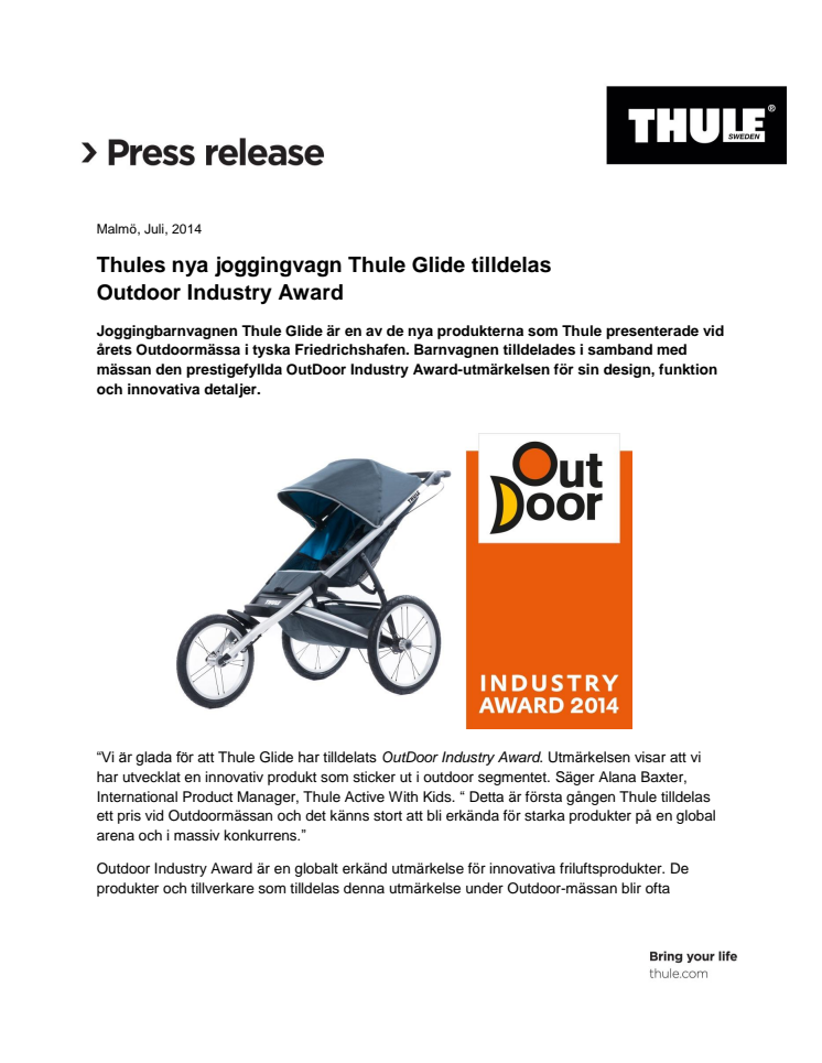 Thules nya joggingvagn Thule Glide tilldelas Outdoor Industry Award