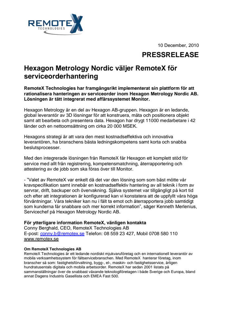 Hexagon Metrology Nordic väljer RemoteX för serviceorderhantering