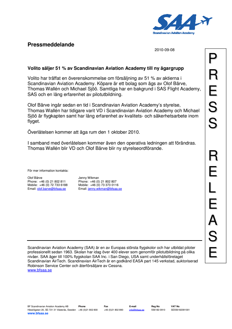 Volito säljer 51 % av Scandinavian Aviation Academy till ny ägargrupp