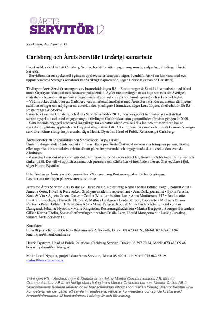 Carlsberg och Årets Servitör i treårigt samarbete