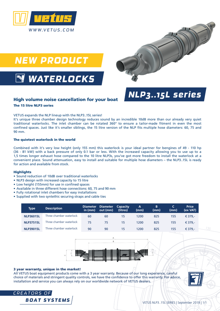 VETUS NLP3..15L series of waterlocks - Information Sheet