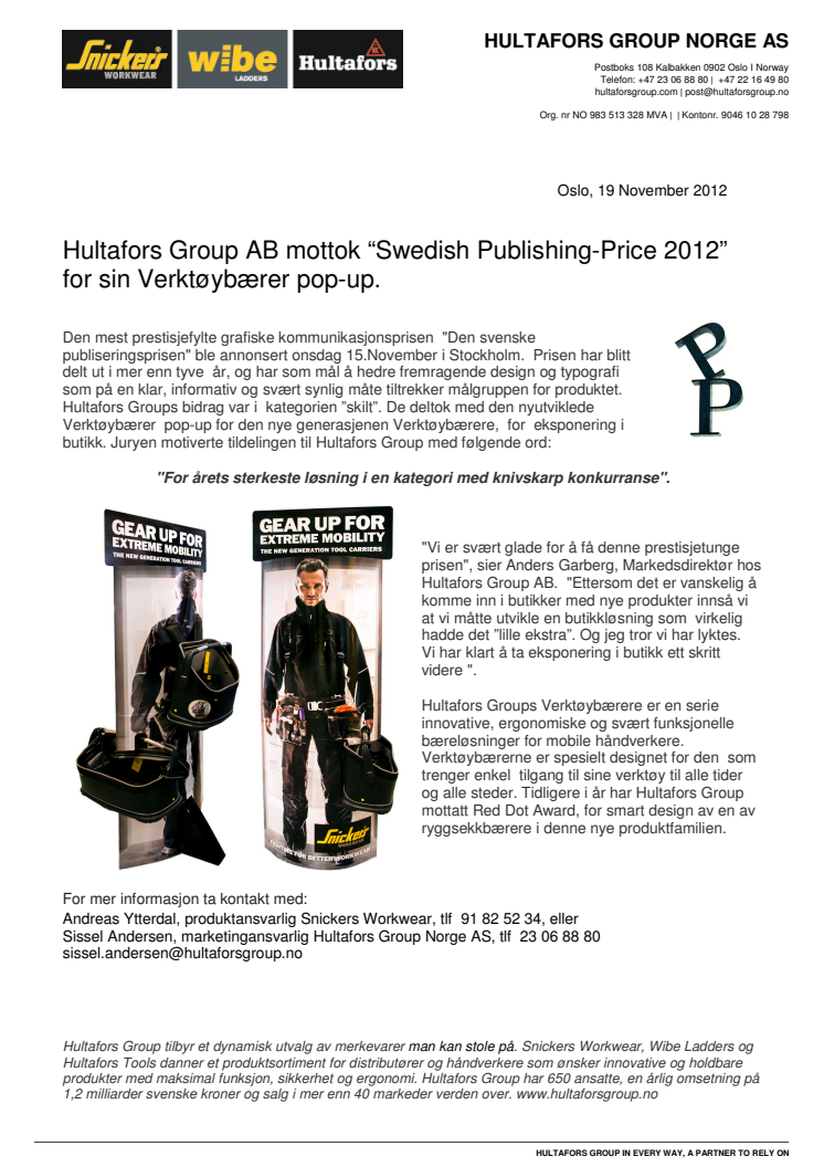 Hultafors Group AB mottok “Swedish Publishing-Price 2012” for sin Verktøybærer pop-up.