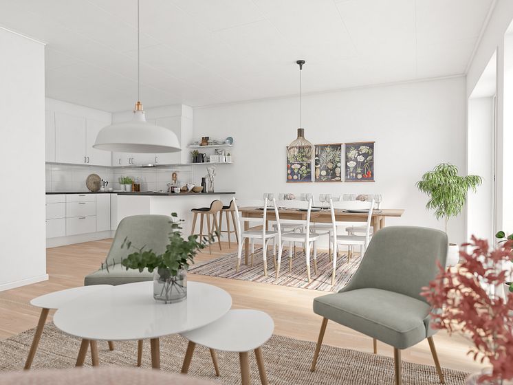 Brf Rydsgårds Ängar - 3D-bild av kök/matrum/vardagsrum
