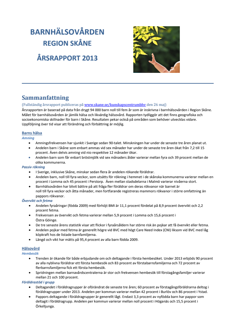 Årsrapport barnhälsovård Region Skåne 2013