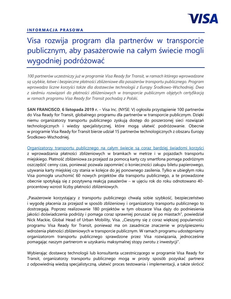 Visa rozwija program dla partnerów w transporcie publicznym, aby pasażerowie na całym świecie mogli wygodniej podróżować
