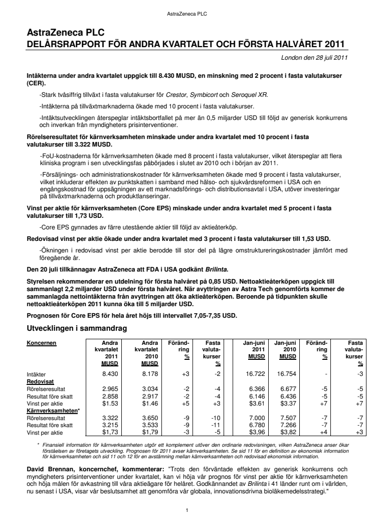 ASTRAZENECA PLC - DELÅRSRAPPORT FÖR ANDRA KVARTALET OCH FÖRSTA HALVÅRET 2011