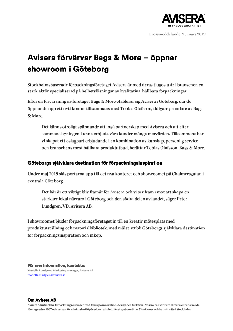 Avisera förvärvar Bags & More – öppnar showroom i Göteborg